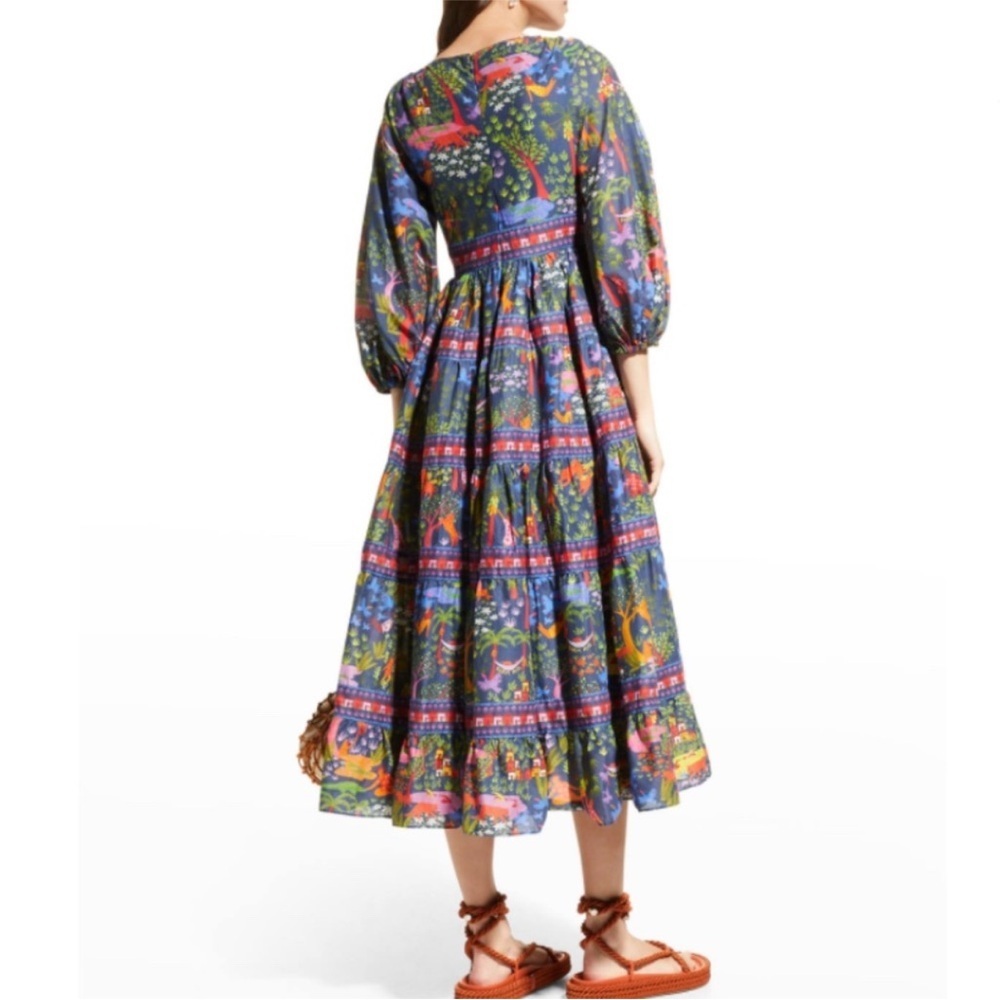 FARM Rio Animal Utopia Floral Jungle Print Puff Sleeve Midi Dress XS NWT - Picture 5 of 11